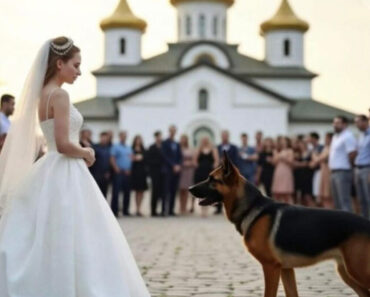 At the wedding, the bride’s dog stood in the way. ​
