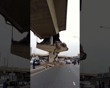 The bridge support collapsed after the earthquake, but it was just the outer concrete